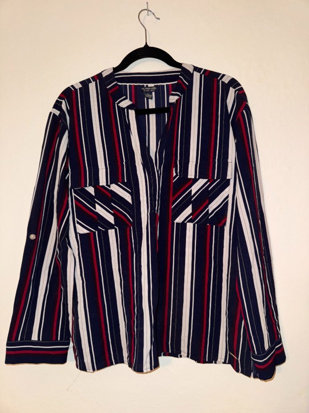 U.S. Polo Assn. Striped Split Neck Roll Tab Sleeve Blouse
